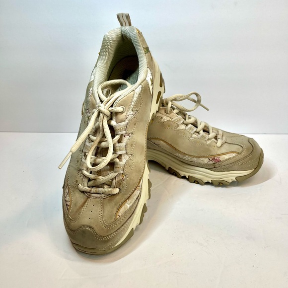 Skechers Sneakers Tan and Cream with Pink Flowers Trimmed in Gold Size 9 - Picture 2 of 13